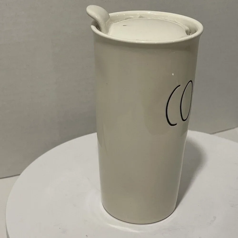 NEW Rae Dunn Coffee Travel Mug Tumbler Letter Ivory Ceramic Hot/Cold Cup Lid NEW